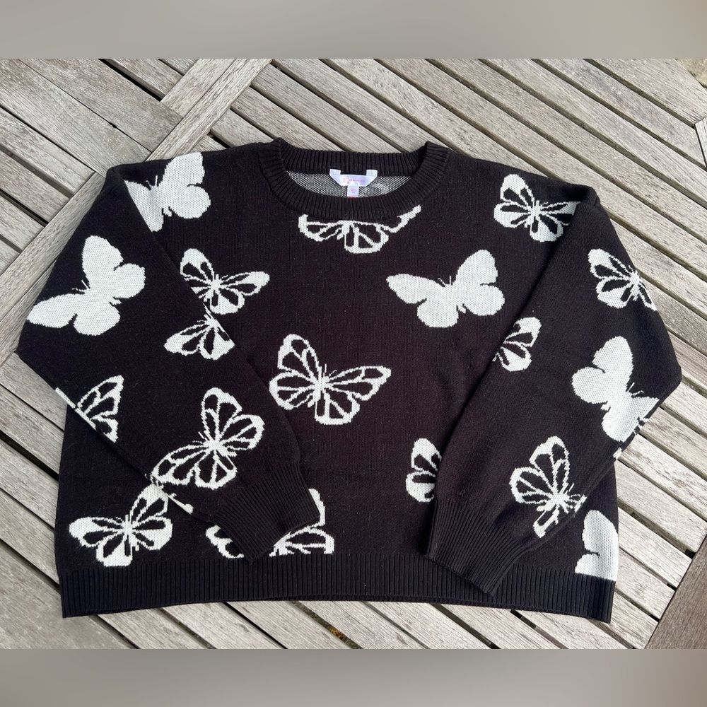 No Boundaries Black and White Crew Neck Sweater with Butterfly Design